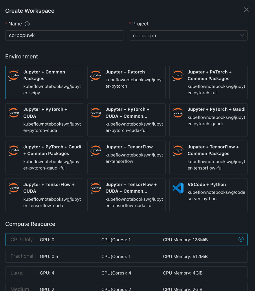 User Workspace Creation View