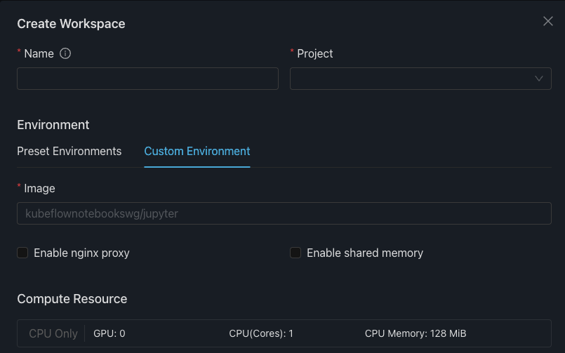 Create Workspace Custom Environment Options