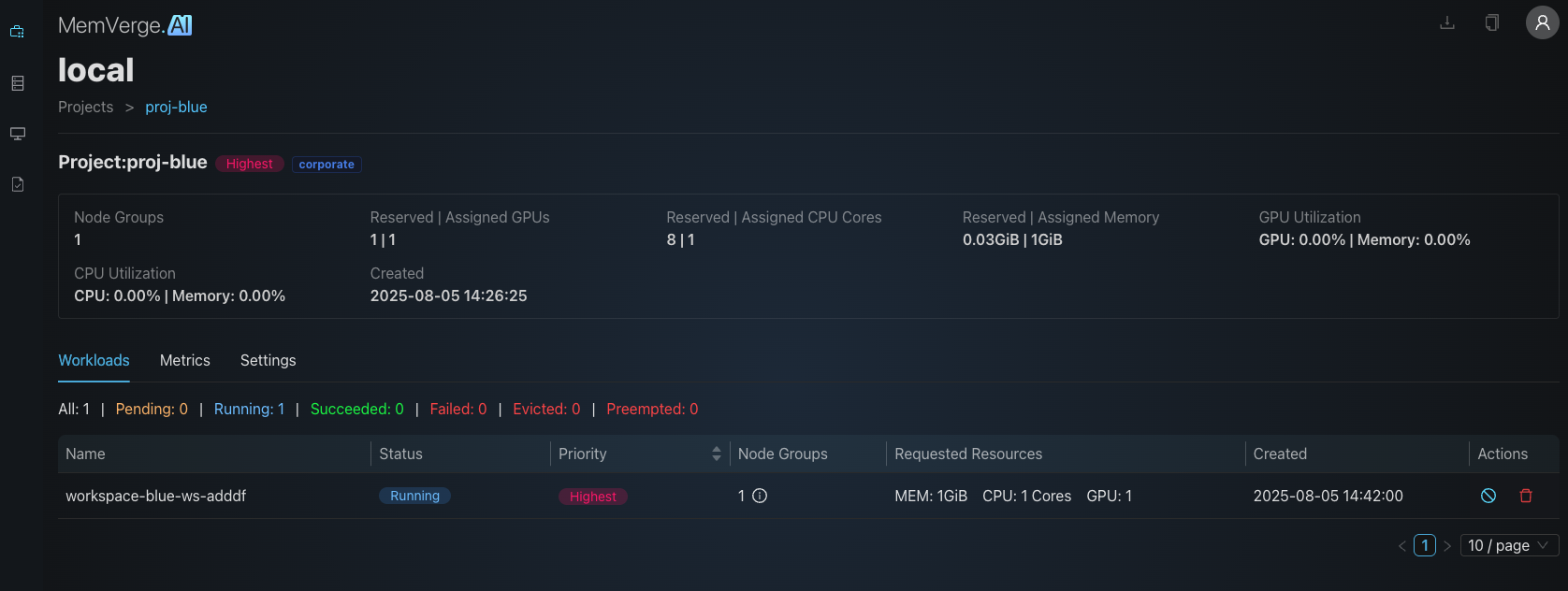 Projects Detail with Workloads View