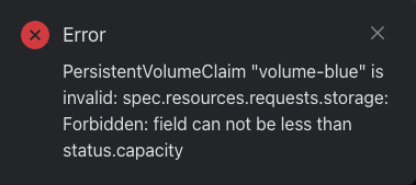 Error when reducing Volume Size