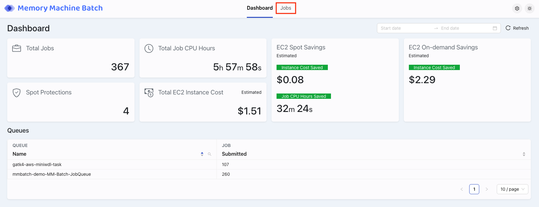 MMBatch Management Server with highlight over Jobs