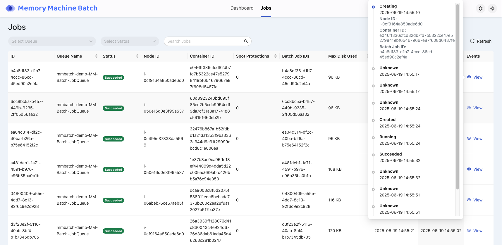 Management Server Jobs Tab Events View