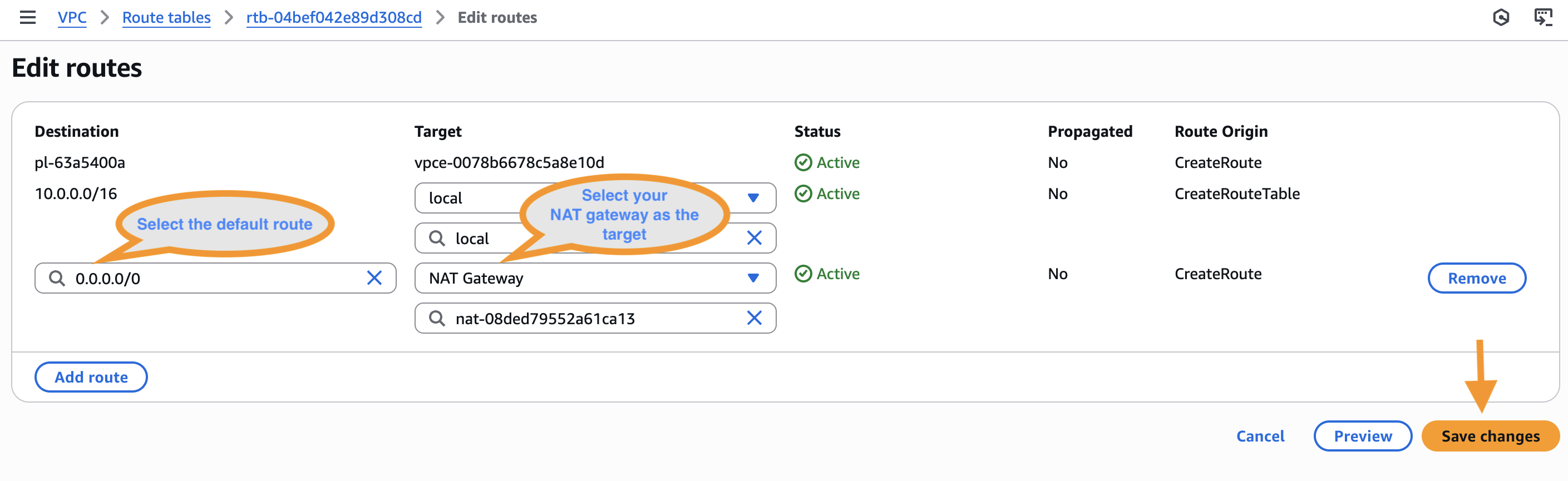 Edit subnet route table